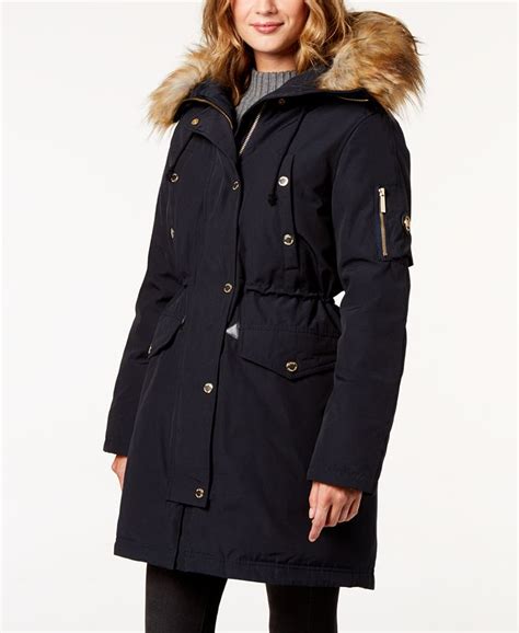 michael michael kors coyote fur trim down parka|Faux Fur Trim Ciré Belted Parka .